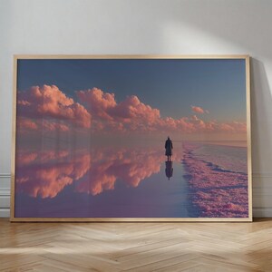 Surreal Pink Cloud Reflection Poster | Dreamy Landscape Wall Art Print | Aesthetic Pastel Sunset Sky & Lone Figure