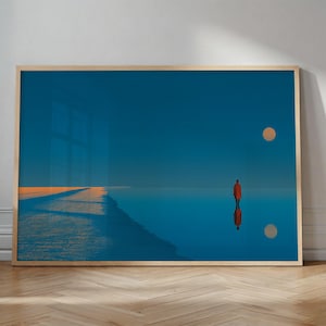 Minimalist Surreal Landscape Art Print, Solitude Reflection Poster, Modern Blue Orange Wall Decor, Abstract Dreamy Serene Art for Home