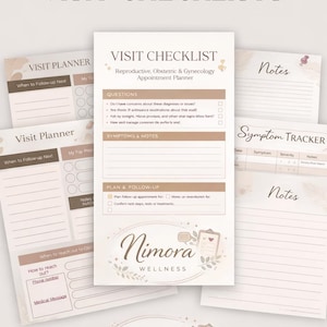 May include: Printable visit checklists in beige and brown hues. Includes a visit checklist for reproductive, obstetric, and gynaecology appointments, symptom tracker, and visit planner. Features the "Nimora Wellness" logo.