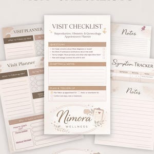 May include: Printable visit checklists in beige and brown hues. Includes a visit checklist for reproductive, obstetric, and gynaecology appointments, visit planners, symptom tracker, and notes pages. Features the "Nimora Wellness" logo.