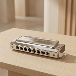 May include: A shiny silver harmonica, marked "Hohner Harmonica 1040", rests on a light wooden table. The harmonica features a rectangular design with numerous holes and a rounded end. The backdrop is a neutral beige.