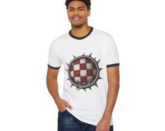 Croatian Checkerboard Ringer T-Shirt, Heritage Shield Tee, Unisex Gift