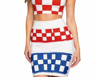 Croatian Checkerboard Pencil Skirt, Patriotic Midi Skirt