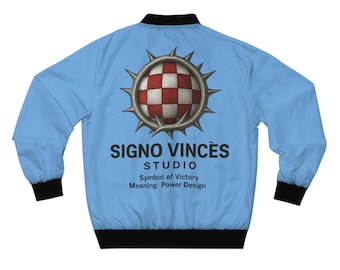 Niebieska kurtka typu bomber, symbol zwycięstwa, minimalistyczny styl uliczny