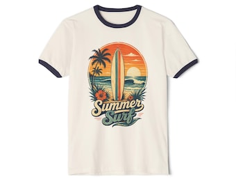 Koszulka Vintage Summer Surf Ringer, koszulka retro z wakacjami na plaży, koszulka z motywem deski surfingowej z zachodem słońca i palmą