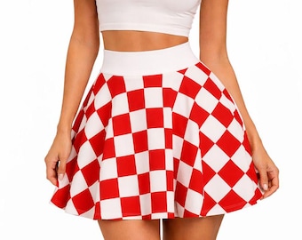 Red White Checkered Skater Skirt, High Waist Mini Flared Skirt