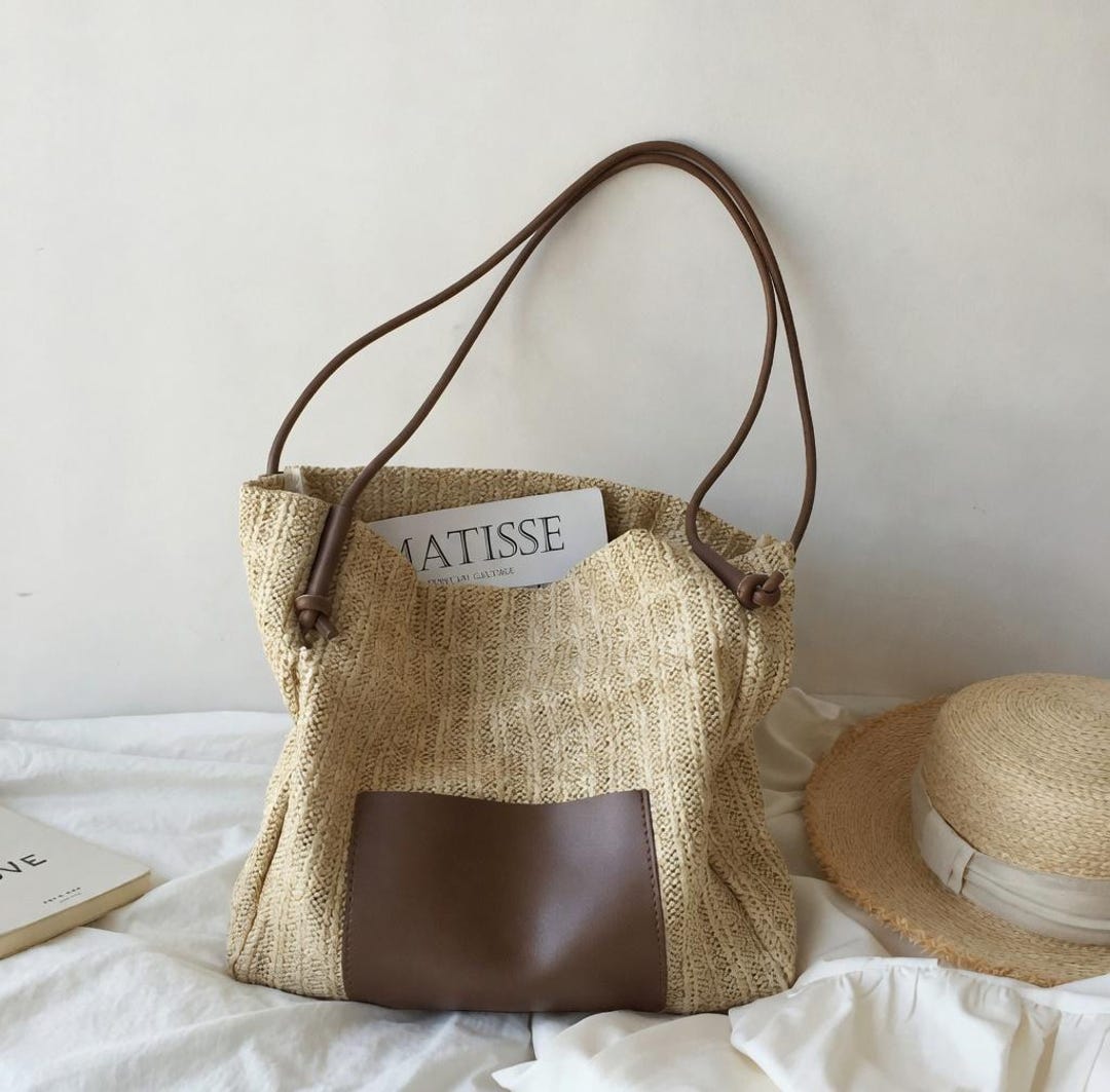 Straw Tote Bag With Leather Pouch, Woven Shoulder Bag Women, Boho ...