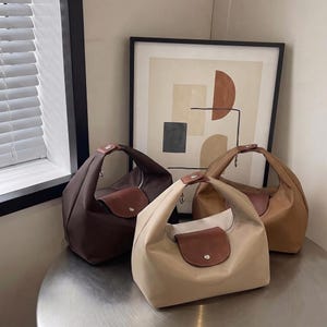 Nylon Barrel Bag, Convertible Crossbody Purse with Leather Trim, Dumpling Shoulder Bag, 3-Way Strap Handbag for Women
