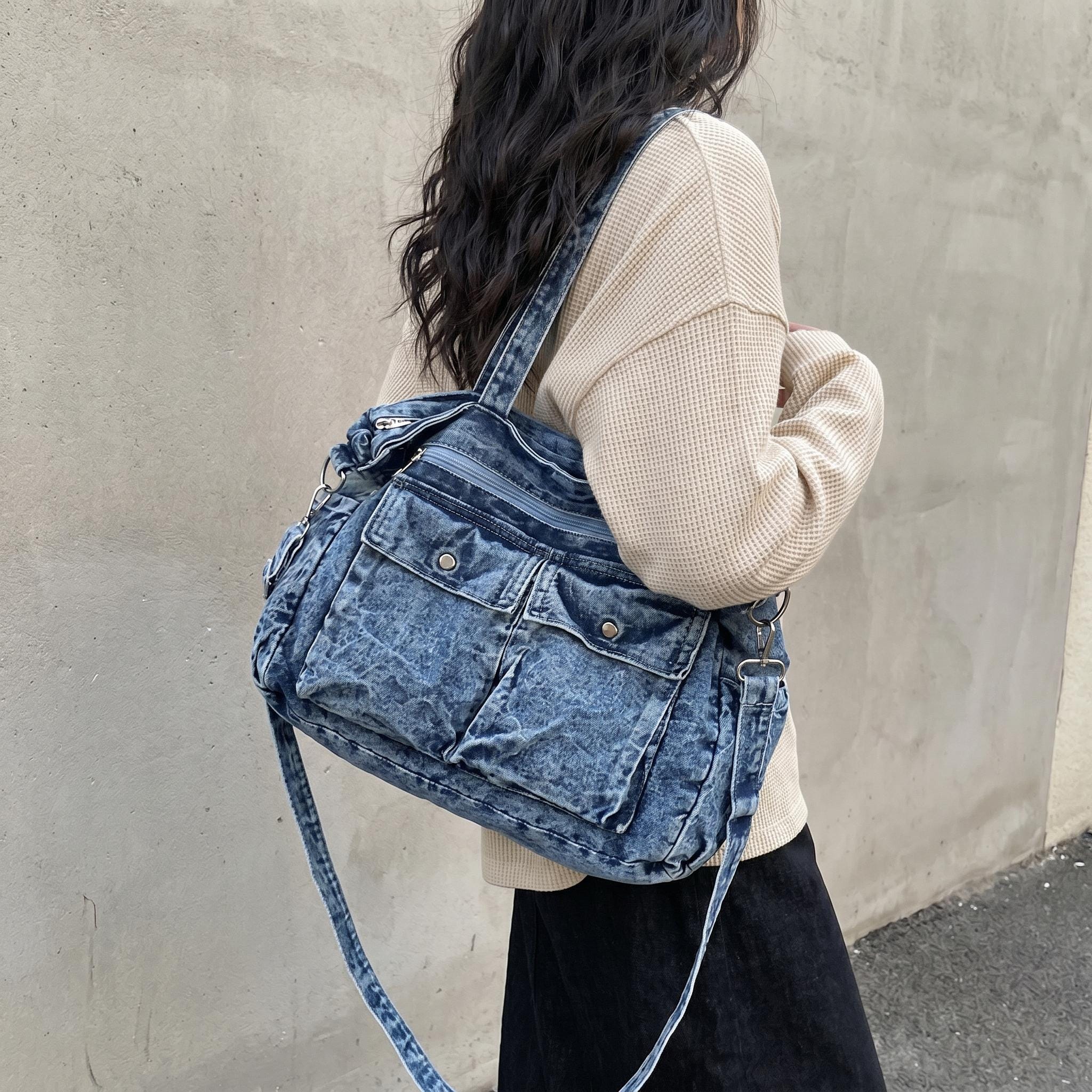 バッグ archive Y2K Denim Leather Shoulder Bag Denim Bag Y2k - Etsy