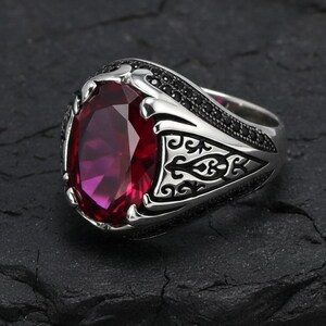Ruby Engagement Ring, Onyx Ring, Pink Gemstone Ring, Silver Statement Ring, Gothic Vintage Ring, Biker Jewelry,Anniversary Or Christmas Gift