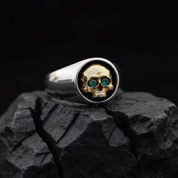 Men’s Skull Ring 925 Sterling Silver, Gothic Ring with Green Emerald Eyes, Biker Statement Ring, Punk Rock Jewelry, Dark Party Ring Gift Him