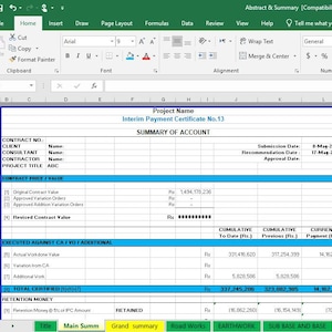 May include: A screenshot of a Microsoft Excel spreadsheet titled "Interim Payment Certificate No.13." The document includes tables with financial data, dates, and project details. The spreadsheet is open on a computer screen.