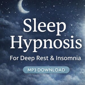 Puede incluir: Anuncio digital de "Sleep Hypnosis" con un retrato de mujer en un marco circular. El fondo es un cielo estrellado con una luna creciente. El texto incluye "Sleep Hypnosis" y "For Deep Rest & Insomnia."