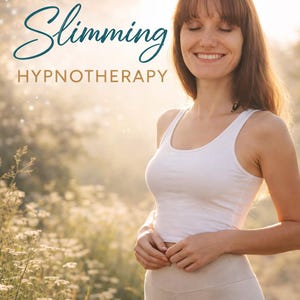 Puede incluir: Una mujer con una camiseta sin mangas blanca y leggings beige sonríe en un campo soleado. Las palabras "Slimming Hypnotherapy" están escritas en guión turquesa encima.