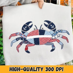 May include: White fabric with a patchwork crab design. The crab features red and white gingham, blue paisley, and navy blue fabrics with anchor details. The text "HIGH-QUALITY 300 DPI" is at the bottom.