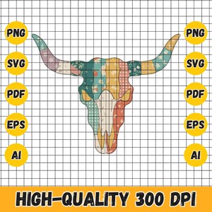 Cow Skull Faux Patchwork PNG, Cute Cottagecore Bright Png, Cow Skull Patchwork Svg, Faux Fabric Applique PNG Sublimation File