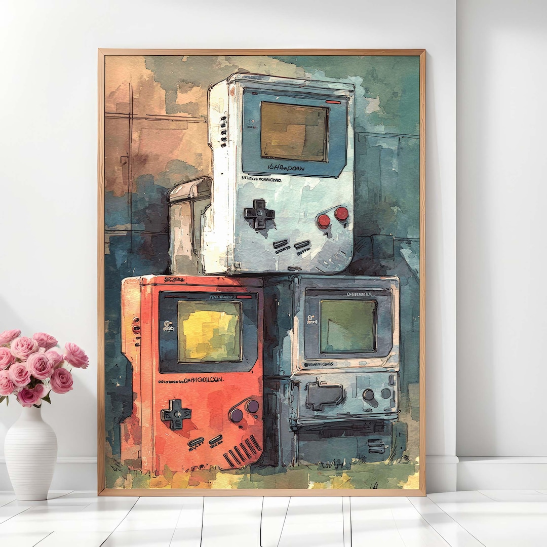 Retro Handheld Console Watercolor Art Print, Gamer Room Decor (digital ...