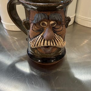 VINTAGE Studio Pottery Character Mug Cup Coffee 3D 70’s Face Signed Old Man Mustache