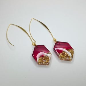 Crimson Gold Resin Earrings, Hexagon Drop Dangle, Statement Long Wire Hooks, Handcrafted Artisan Jewelry, Anniversary Present