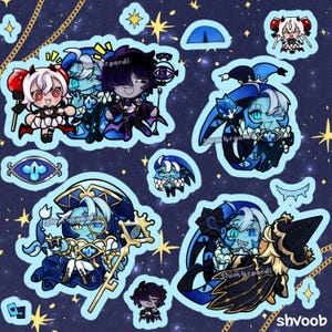 May include: A collection of colorful character stickers with a fantasy theme. The stickers feature various characters in shades of blue, purple, and red, with intricate details and designs. The background is a dark blue with gold stars and chain accents.
