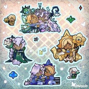 May include: A collection of colorful cartoon character stickers. The stickers feature various characters with unique designs, including floral and butterfly motifs. The characters are depicted in various poses and outfits, with a soft, pastel color palette. The artist's signature, "shvoob", is visible.