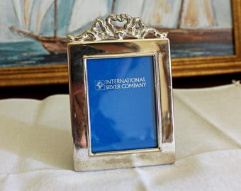 Vintage International Silver Silverplate Picture Frame Ornate Bow Crest Wedding Decor