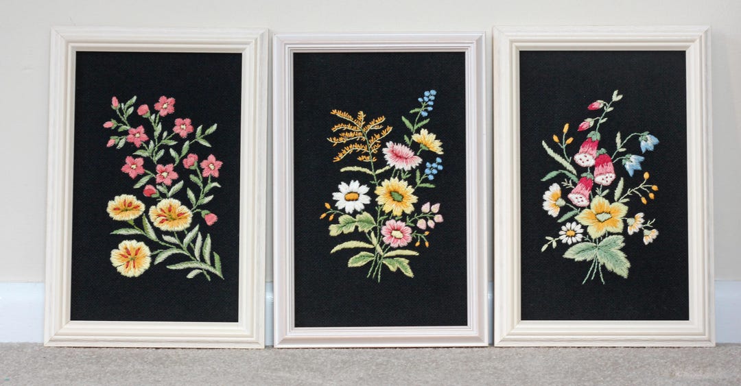 Vintage Framed Botanical Embroidery Wall Art Set of 3 Floral Needlework ...