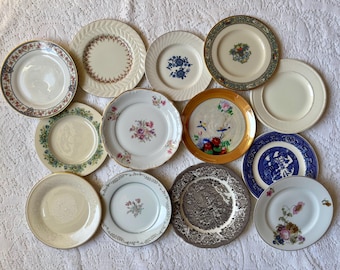 May include: A collection of twelve round ceramic plates featuring various designs, including floral patterns, blue and white willow-style prints, gold-rimmed edges, and solid cream surfaces, arranged together in a flat, overhead display.