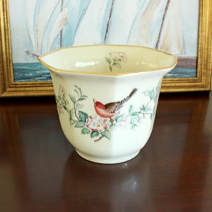 May include: A cream-colored porcelain planter with a hexagonal rim and a gold-painted edge. The exterior features a delicate botanical illustration of a small bird with a red breast perched on a branch with pink flowers and green leaves.