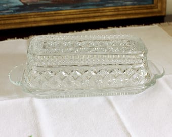 Vintage Pressglas Bedeckte Butterdose Rauten Muster Klarglas Mid Century