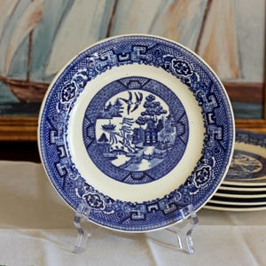 May include: A round ceramic plate featuring a blue and white willow pattern. The center depicts a landscape with birds, a boat, and a bridge, while the wide rim is decorated with intricate geometric and floral motifs in a matching blue color.