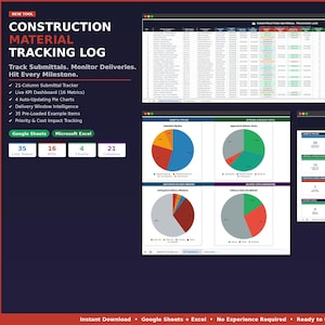 Puede incluir: Un gráfico azul oscuro con el texto "CONSTRUCTION MATERIAL TRACKING LOG". Incluye gráficos, hojas de cálculo y el texto "Track Submittals. Monitor Deliveries. Hit Every Milestone." También incluye el texto "Google Sheets" y "Microsoft Excel".