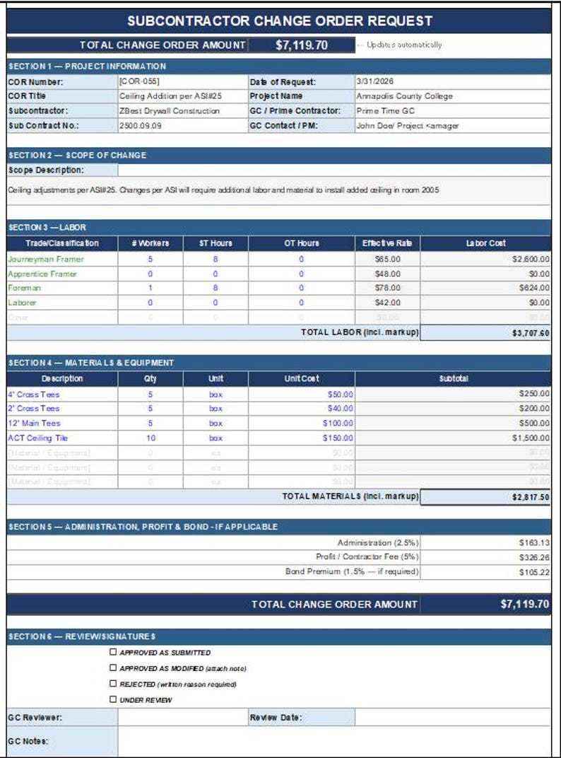 Subcontractor Change Order Request Template & Log | Excel Spreadsheet ...