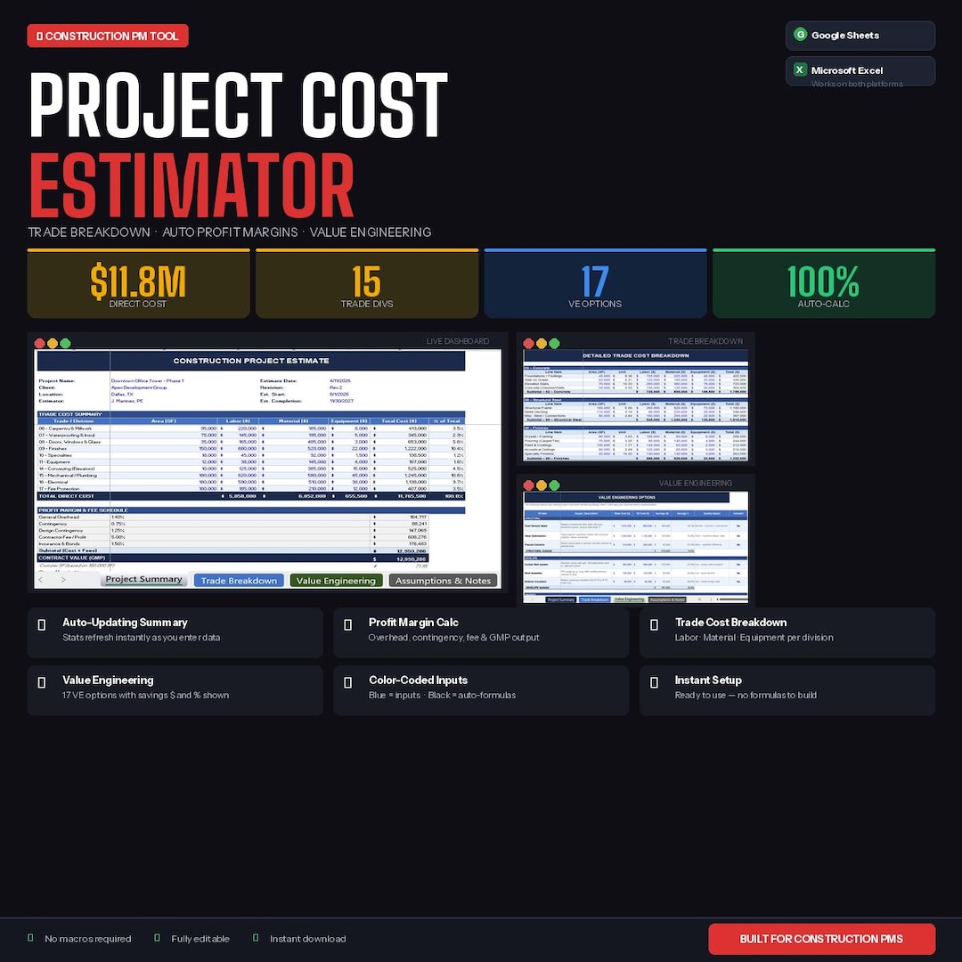 Construction Estimating Spreadsheet | Project Cost Estimator | Excel ...
