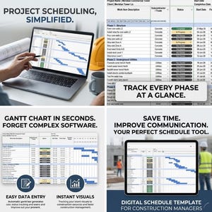 May include: A digital construction project scheduling template displayed on a laptop and tablet screen. The interface features a Gantt chart, work item descriptions, status columns, and date fields. Text includes PROJECT SCHEDULING, SIMPLIFIED, TRACK EVERY PHASE AT A GLANCE, GANTT CHART IN SECONDS, FORGET COMPLEX SOFTWARE, and DIGITAL SCHEDULE TEMPLATE FOR CONSTRUCTION MANAGERS.