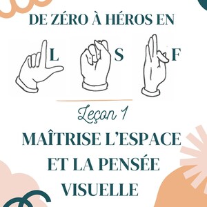 Puede incluir: Un póster blanco con detalles en verde azulado y melocotón. El póster presenta el texto "DE ZÉRO À HÉROS EN" sobre ilustraciones de manos que señalan las letras L, S y F. Debajo, se lee "Leçon 1 MAÎTRISE L'ESPACE ET LA PENSÉE VISUELLE".