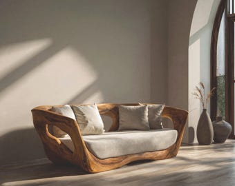Divano moderno dalle linee scolpite per l'arredamento del soggiorno.