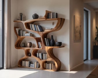 Modern Bookshelf With Organic Carved Design For Living Room Or Office