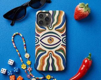 Psychedelic Tough Phone Case, Glossy Mystic Eye Cover, Retro Colorful Wavy Design Protective Shell, Trendy Cute Gift for Her Aesthetic