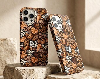 Leopard Print Heart Phone Case, Wild Animal Pattern Tough Cover, Trendy Glossy Phone Shell, Aesthetic Safari Protective Case