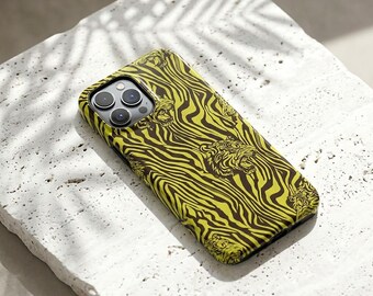 Tiger Stripe Tough Phone Case, Neon Animal Print Shockproof Cover, Glossy Dual Layer Protective Case, Bold Wild Graphic Phone Cover