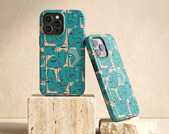 Teal Abstract Face Phone Case, Tough Glossy Protective Cover, Minimalist Line Art Phone Case, Aesthetic Boho Gift for Her, Cute Shell