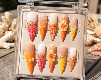 Uñas postizas de hibisco tropical, uñas postizas largas estilo stiletto, caja de uñas de lujo con ambiente playero veraniego, uñas postizas 3D con forma de concha marina, regalo de uñas de verano