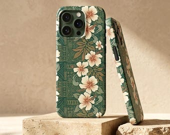 Tropical Hibiscus Tough Phone Case Glossy Floral Protective Cover Hawaiian Flower Phone Shell Emerald Green Botanical Phonecase Gift for Her