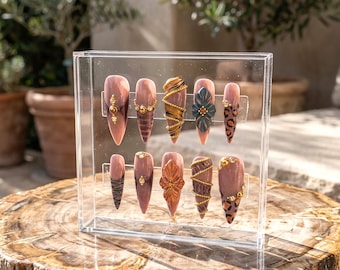 Uñas postizas de aguja marrones / Uñas postizas con estampado animal / Uñas postizas de lujo con diseño 3D / Caja de regalo de uñas de gel reutilizables hechas a mano para ella