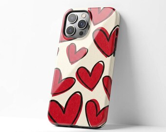 Red Heart Phone Case Glossy Tough Cover Cute Valentine Gift Aesthetic Phone Protector Trendy Heart Pattern Durable Custom Cover Shockproof