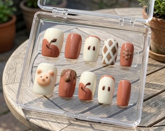 Soft Girl Brown Press On Nails | Kawaii Bear False Nails | Autumn Aesthetic Nail Box | Medium Square Nails | Glossy Drip Chocolate Nails