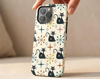 Retro Black Cat Phone Case, Vintage Starburst Geometric Tough Cover, Glossy Protective Case for Her, Aesthetic Cat Lover Gift Idea
