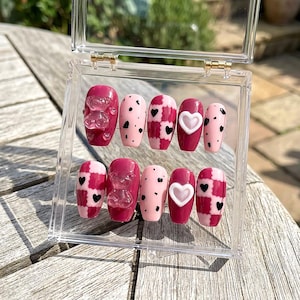 Cute Pink Jelly Bear Press On Nails | Heart Print Fake Nails | Cow Pattern False Nails | Reusable Glue On Nails | Trendy Y2K Coquette Nails