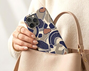 Funda para teléfono resistente con diseño geométrico abstracto, acabado brillante y duradero de doble capa, carcasa moderna azul marino con diseño de mosaico, regalo estético moderno para ella.